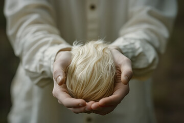 Person with albinism in a natural setting, highlighting their ethereal appearance,