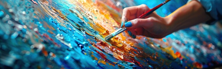 Fototapeta premium A woman's hand paints with a brush on a canvas, creating a colorful abstract work of art