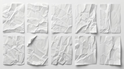 Set of blank white paper posters with crumpled and creased textures, isolated on a white background