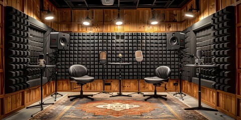 Empty podcast studio with unused recording booths microphones and soundproofing materials. Concept Podcast Studio Setup, Recording Booth, Microphones, Soundproofing Materials, Unused Equipment