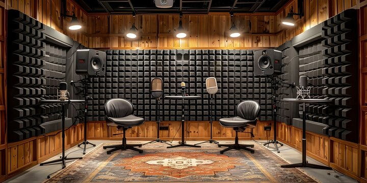 Empty podcast studio with unused recording booths microphones and soundproofing materials. Concept Podcast Studio Setup, Recording Booth, Microphones, Soundproofing Materials, Unused Equipment