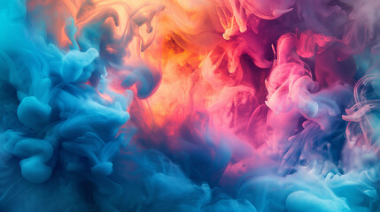 Fototapeta premium Abstract colorful smoke in water creating a vibrant blend of pink, blue, and orange.