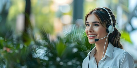 Assisting Client Female Customer Support Agent in Call Center. Concept Customer queries, Problem solving, Communication skills, Call center technology, Professionalism