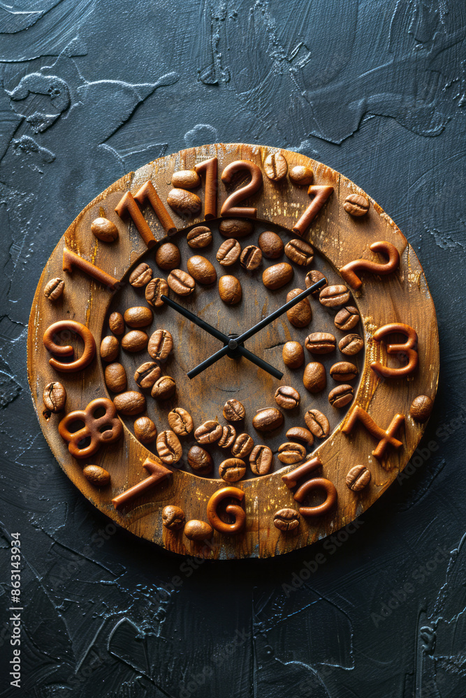 Poster coffee beans arranged in the shape of a clock, indicating the perfect time to start the day,