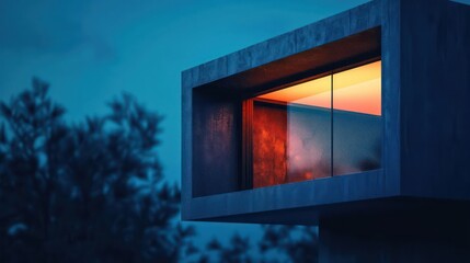 Fototapeta premium Closeup of a single illuminated window in a futuristic tiny house, with copy space