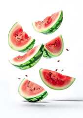 Slices of fresh juicy watermelon falling on white background