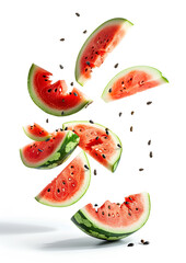 Naklejka premium Slices of fresh juicy watermelon falling on white background