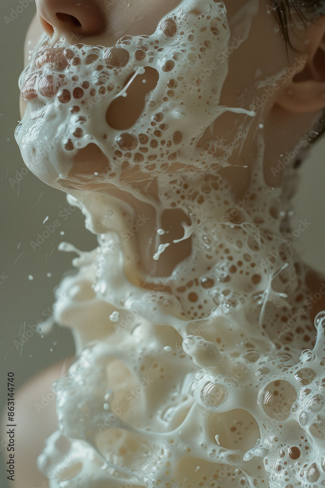 Poster clean, minimalist shot of a person's shoulder with frothy foam cascading down.