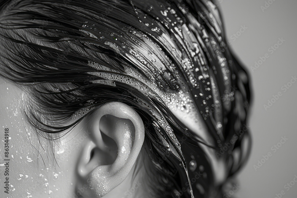 Poster minimalist depiction of foam-covered hair with a focus on texture and simplicity,