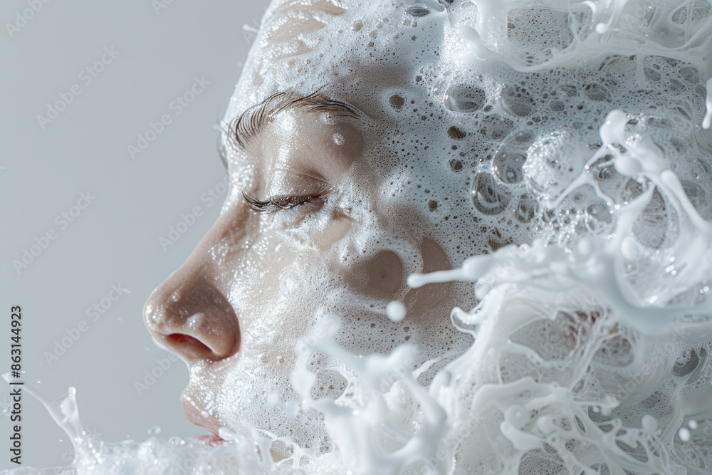 Poster minimalist depiction of foam-covered hair with a focus on texture and simplicity,