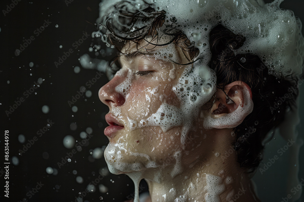 Poster Clean, frothy foam enveloping a person's head and shoulders in a minimalist setting.