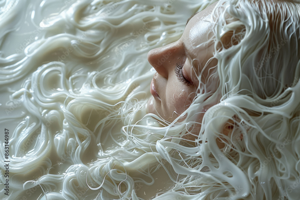 Poster minimalist depiction of foam-covered hair with a focus on texture and simplicity,