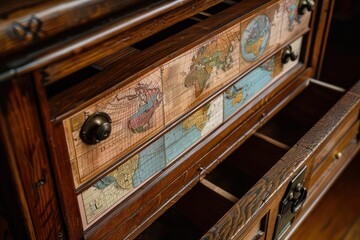 Closeup of a Victorianstyle map cabinet with drawers that open to reveal digital maps, with space for text