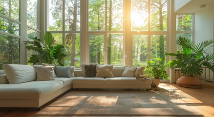 Fototapeta premium Modern Living Room With Large Windows and Natural Light