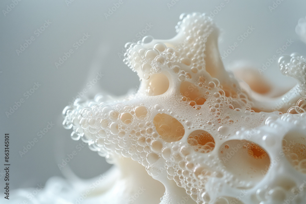 Poster subtle, minimalist close-up of foam-covered curls against a neutral background,