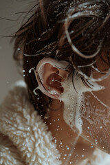 Simple, artistic shot of foam-covered hair against a neutral background