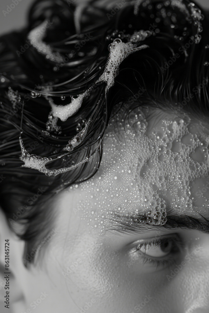 Poster clean, elegant view of foam patterns on a person's chest and hair.
