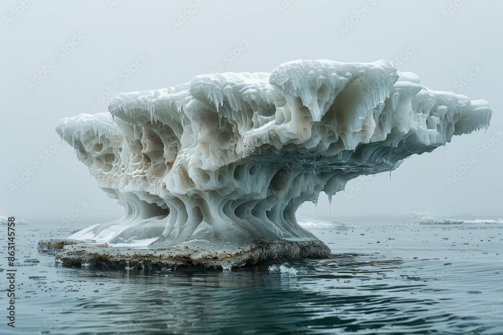 Poster floating ice island with unique ice formations and a thriving ecosystem,