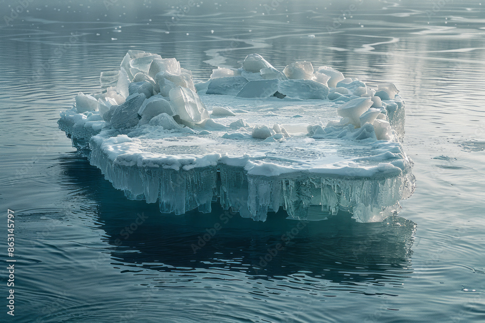 Poster floating ice island with unique ice formations and a thriving ecosystem,