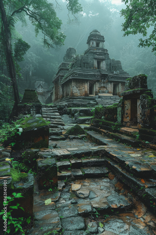 Poster island with a dense forest and ancient ruins hidden within,
