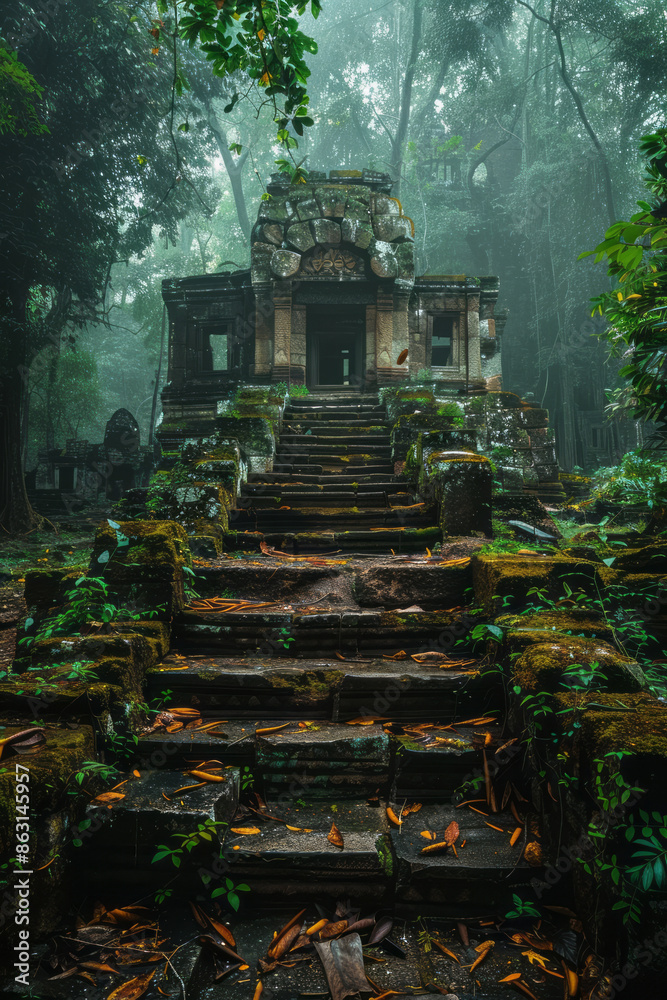 Poster island with a dense forest and ancient ruins hidden within,