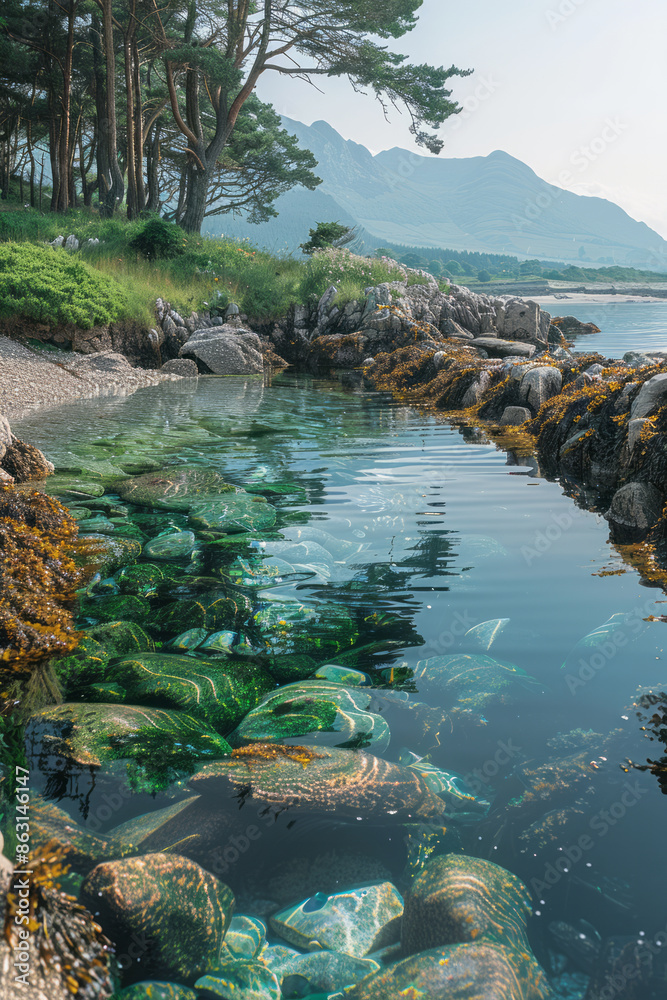 Aufkleber island with unique tidal pools filled with colorful marine life,