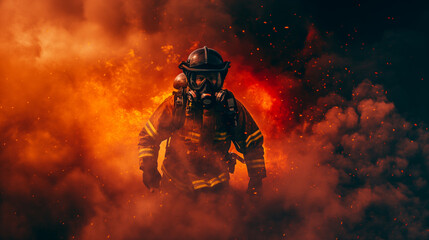 Firefighter in action surrounded by intense flames.