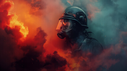 Obraz premium Firefighter in action surrounded by intense flames.