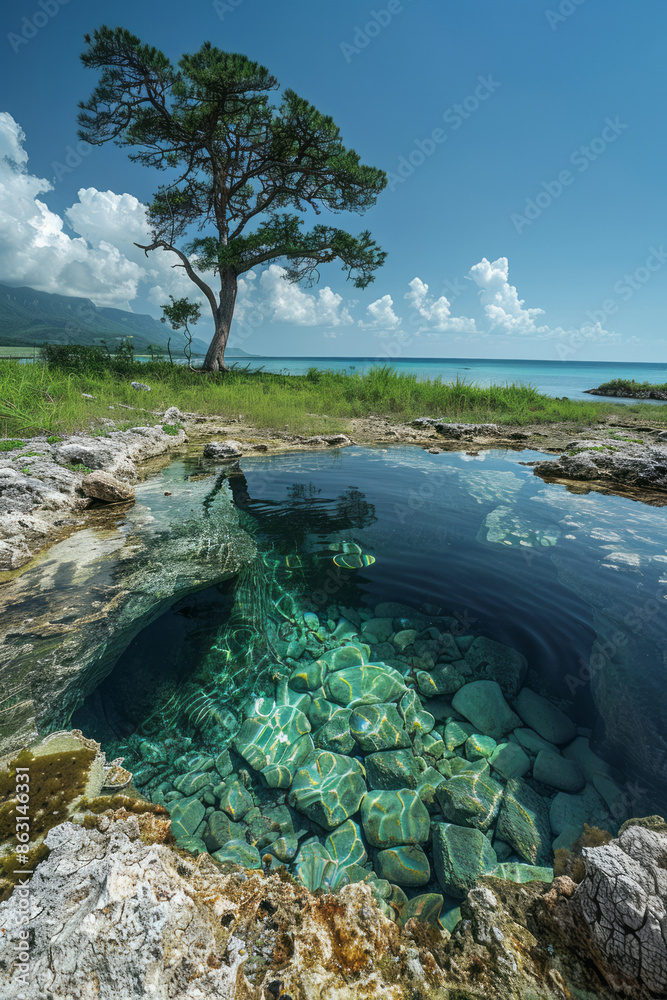 Poster Island with unique tidal pools filled with colorful marine life,
