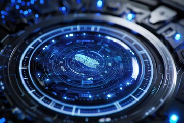 Detailed view of a fingerprint scanner on a futuristic device, with ample copy space