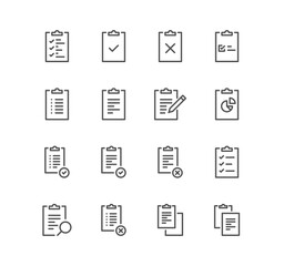 Set of clipboard related icons, contact, checklist, document, form, petition and linear variety vectors.	
