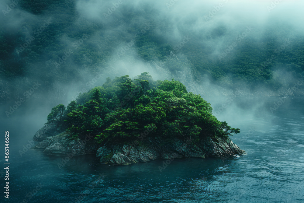 Poster island covered in a thick layer of mist, creating an eerie and mysterious atmosphere,