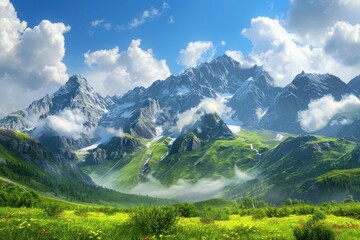 A vibrant mountain scene in summer with expansive green meadows, towering peaks, and layers of clouds