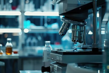 Detailed view of a futuristic lab instrument analyzing a sample, with space for text