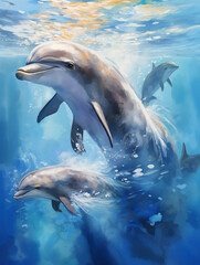 Fototapeta premium Painting of dolphins underwater, vibrant and playful