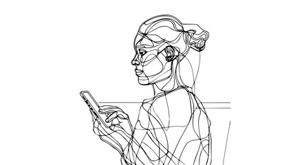 continuous line drawing of a woman holding a smartphone