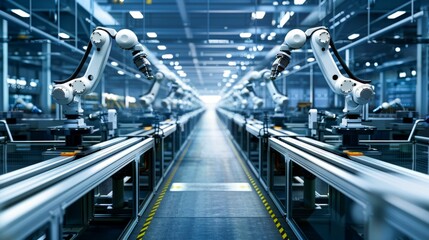 Automated Robotic Assembly Line in Modern Factory. Generative ai