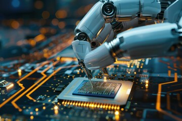Detailed view of a robotic hand manipulating a microchip, with ample copy space