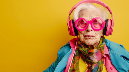 Elderly woman wearing colorful clothes and headphones, expressing joy.