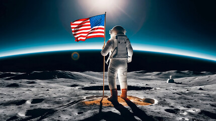 An Astonaut plants an American Flag on the moon surface with glowing earth on background. US independence day featuring moon landing banner background concept.