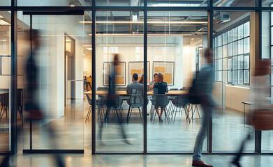 Modern office interior with people in motion and meeting in background.