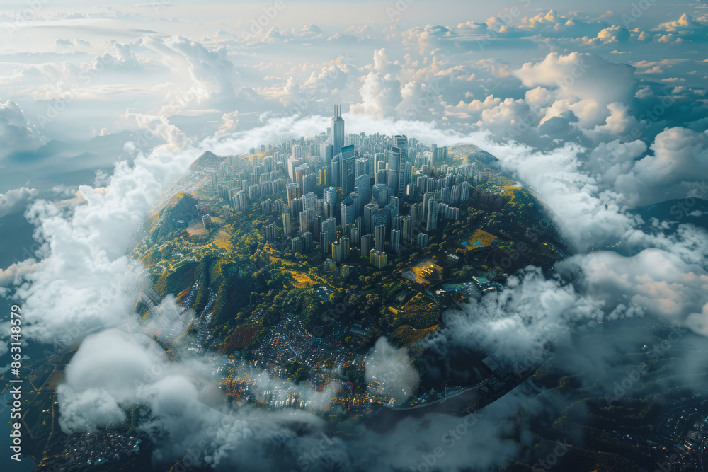 Poster planet split into rolling hills and sprawling urban infrastructure,