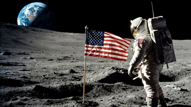 An Astonaut plants an American Flag on the moon surface with glowing earth showing the American Continent on background. US independence day featuring moon landing banner background concept. - Powered by Adobe