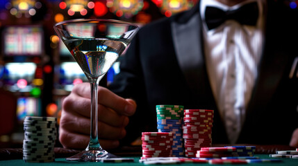 close-up of a man with a drink at a casino gaming table