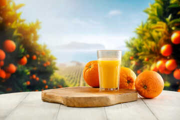 Fresh ripe orange in glass on wooden table background. Fruit trees in citrus fruit plantation in summer. Copy space for products.