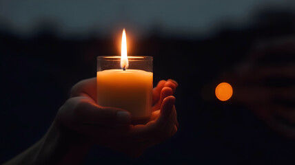 Hands holding glowing candle in the dark, light, fire and flame background, template, copy space area