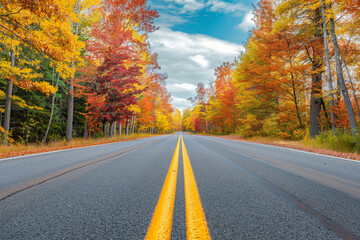 Naklejka premium A scenic road flanked by a multitude of trees creating a lush green landscape. The sky above is dotted with fluffy clouds, enhancing the natural beauty of the scene