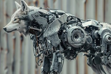 Detailed view of an armored exoskeleton on a robotic wolf, with ample copy space