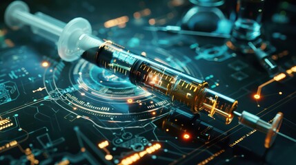 Detailed view of an antique syringe connected to a futuristic holographic display, with ample copy space