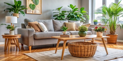 Fototapeta premium Cozy living room interior featuring a wooden coffee table adorned with a lush green houseplant and a wicker basket, near a comfortable grey sofa.